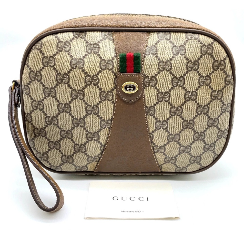 Gucci Beige and Brown Monogram Clutch Wristlet